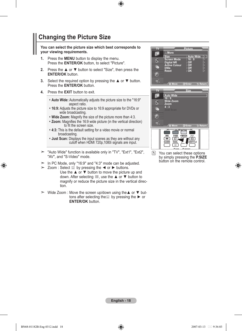 Changing the picture size | Samsung LE37S86BD User Manual | Page 20 / 524