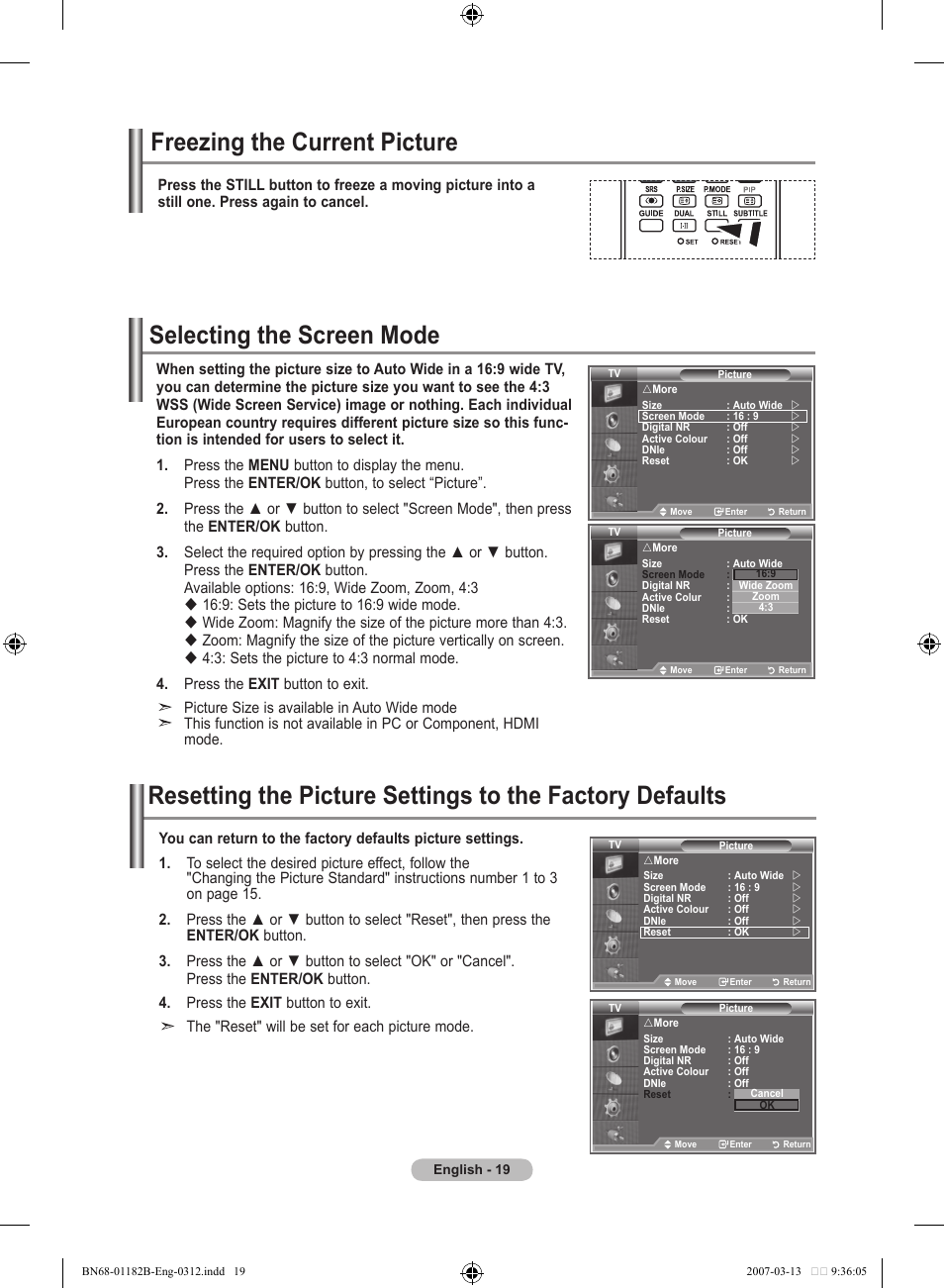 Freezing the current picture, Selecting the screen mode | Samsung LE37S86BD User Manual | Page 21 / 524