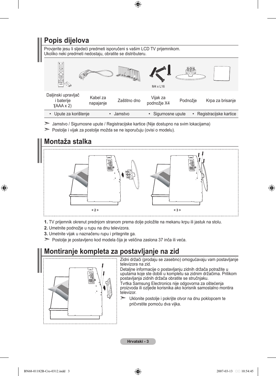 Popis dijelova, Montaža stalka, Montiranje kompleta za postavljanje na zid | Samsung LE37S86BD User Manual | Page 295 / 524
