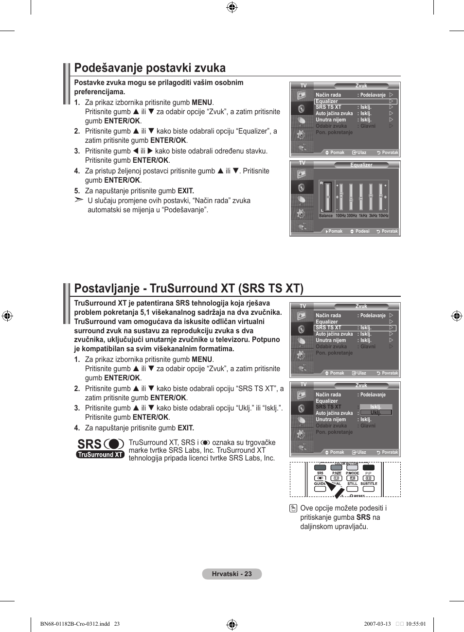 Podešavanje postavki zvuka, Postavljanje - trusurround xt (srs ts xt) | Samsung LE37S86BD User Manual | Page 315 / 524