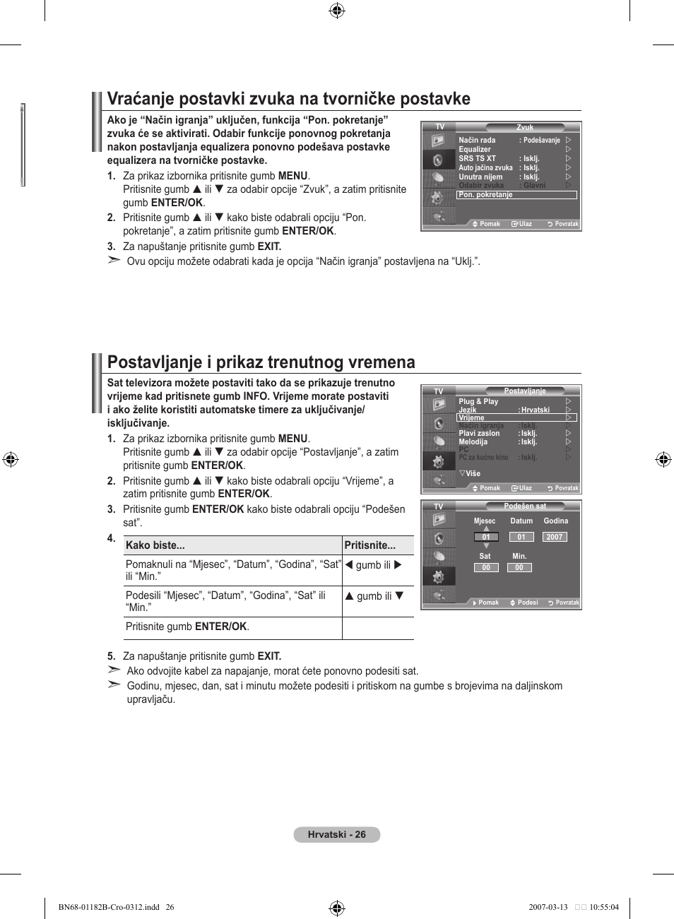 Vraćanje postavki zvuka na tvorničke postavke, Postavljanje i prikaz trenutnog vremena | Samsung LE37S86BD User Manual | Page 318 / 524