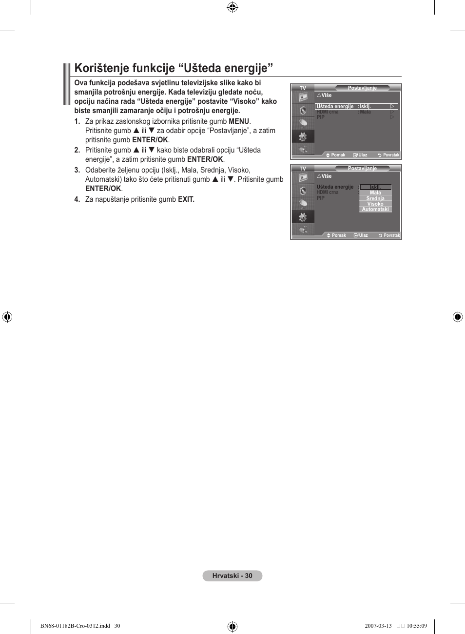 Korištenje funkcije “ušteda energije | Samsung LE37S86BD User Manual | Page 322 / 524