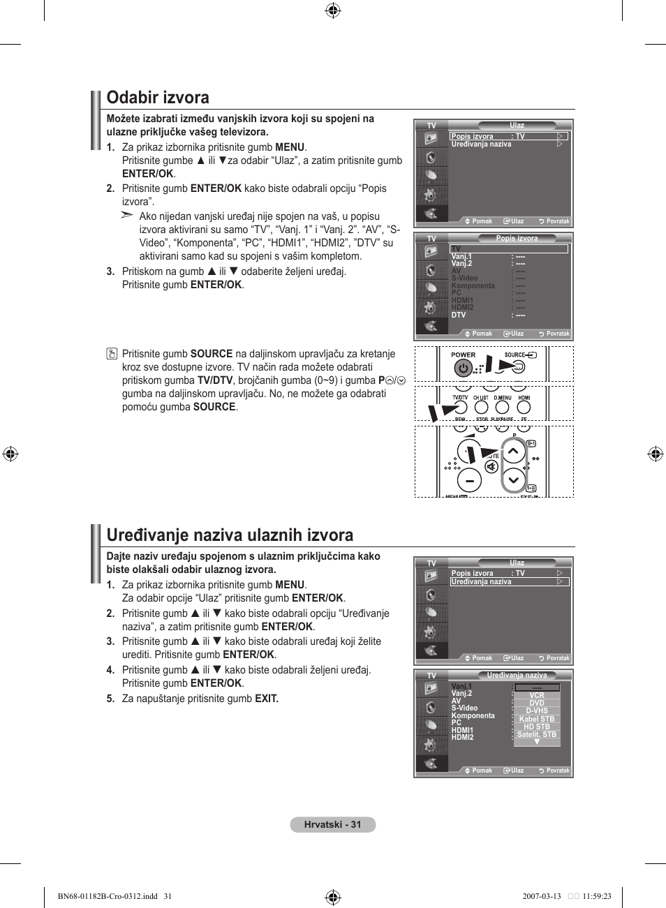 Odabir izvora, Uređivanje naziva ulaznih izvora | Samsung LE37S86BD User Manual | Page 323 / 524