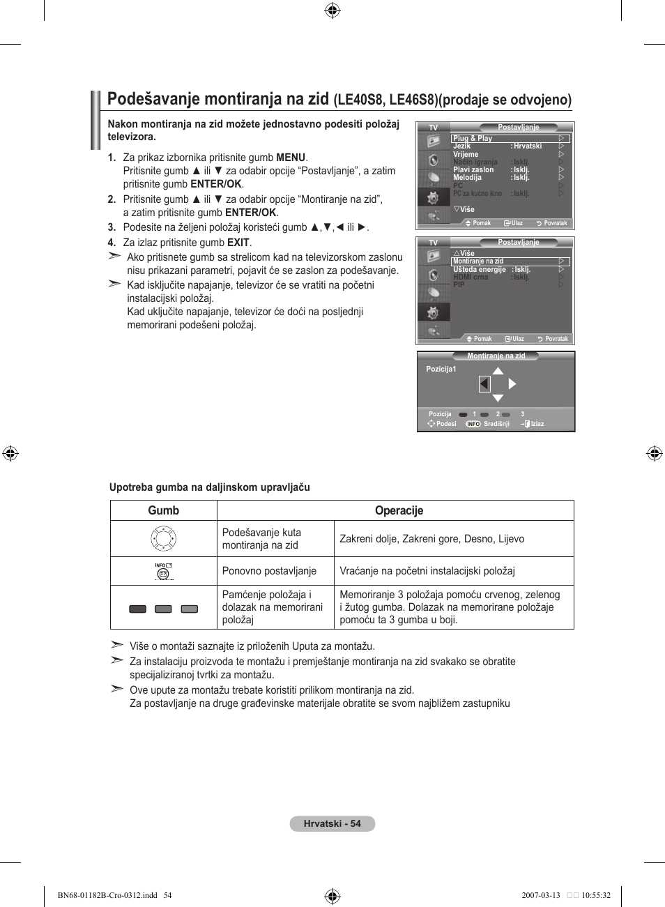 Podešavanje montiranja na zid, Le0s, les)(prodaje se odvojeno), Gumb operacije | Samsung LE37S86BD User Manual | Page 346 / 524