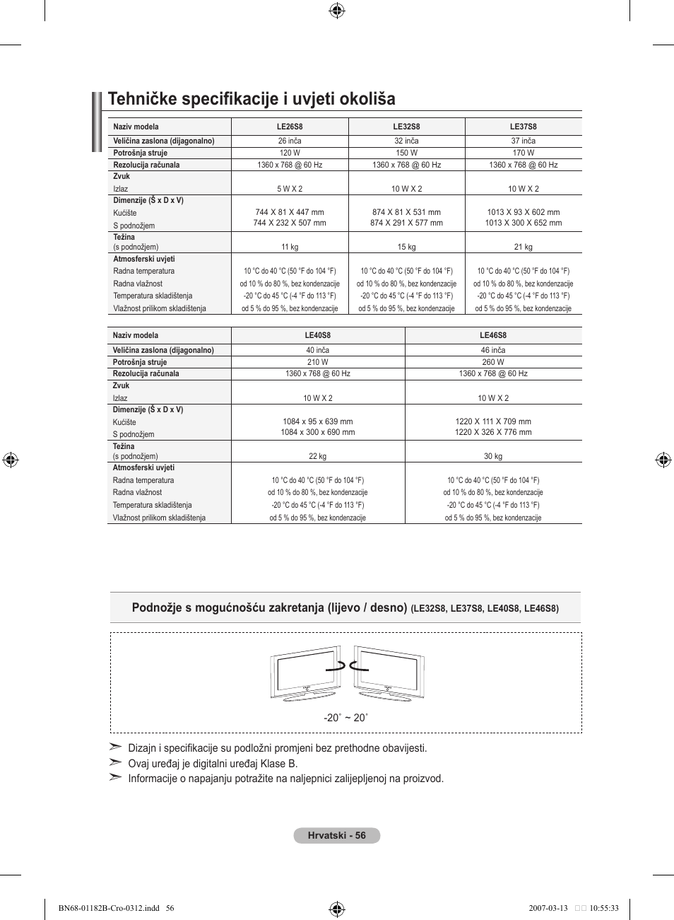 Tehničke specifikacije i uvjeti okoliša, Podnožje s mogućnošću zakretanja (lijevo / desno) | Samsung LE37S86BD User Manual | Page 348 / 524