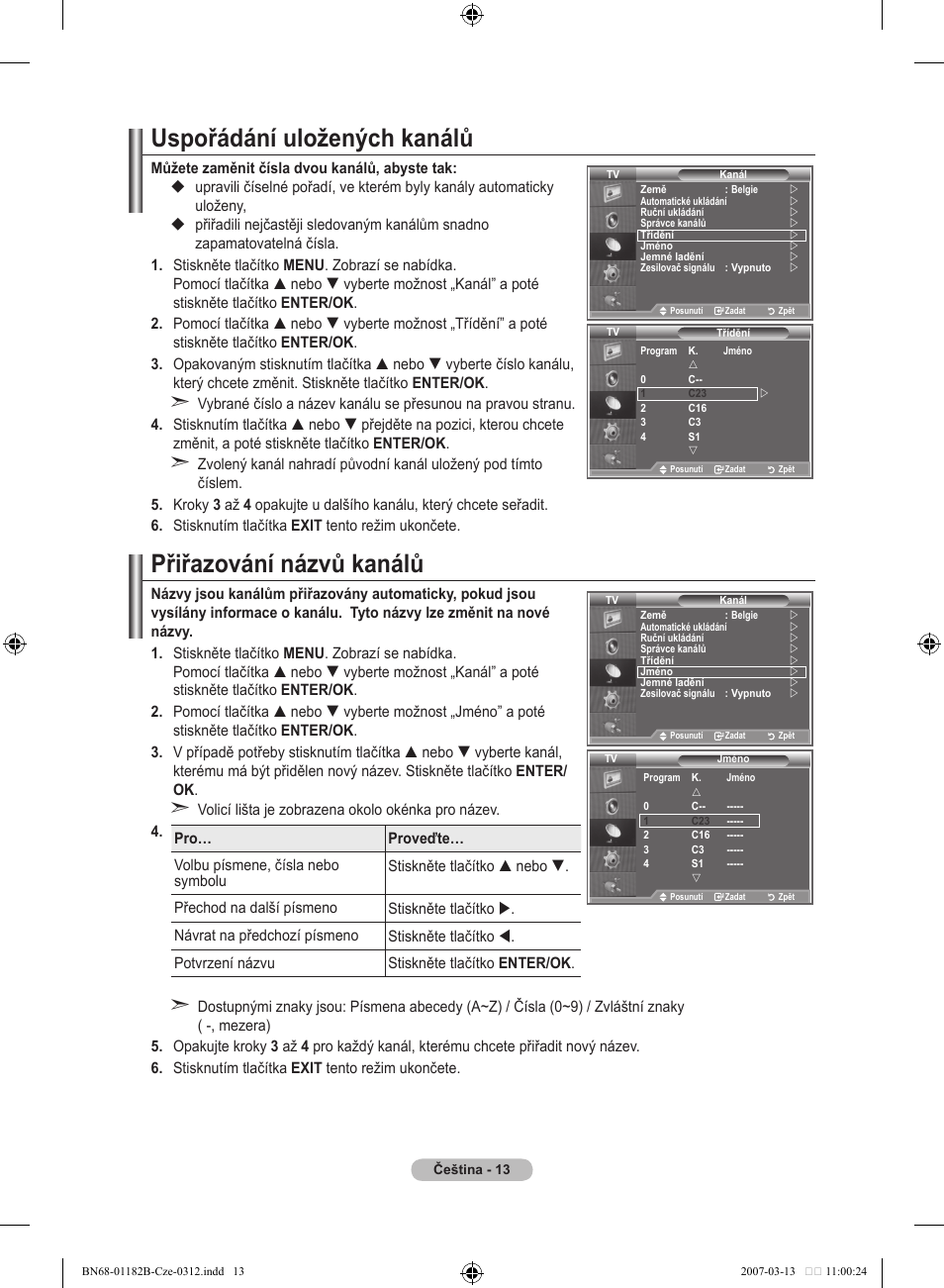 Uspořádání uložených kanálů, Přiřazování názvů kanálů | Samsung LE37S86BD User Manual | Page 363 / 524