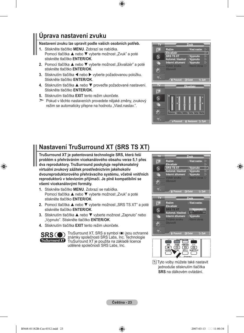 Úprava nastavení zvuku, Nastavení trusurround xt (srs ts xt) | Samsung LE37S86BD User Manual | Page 373 / 524