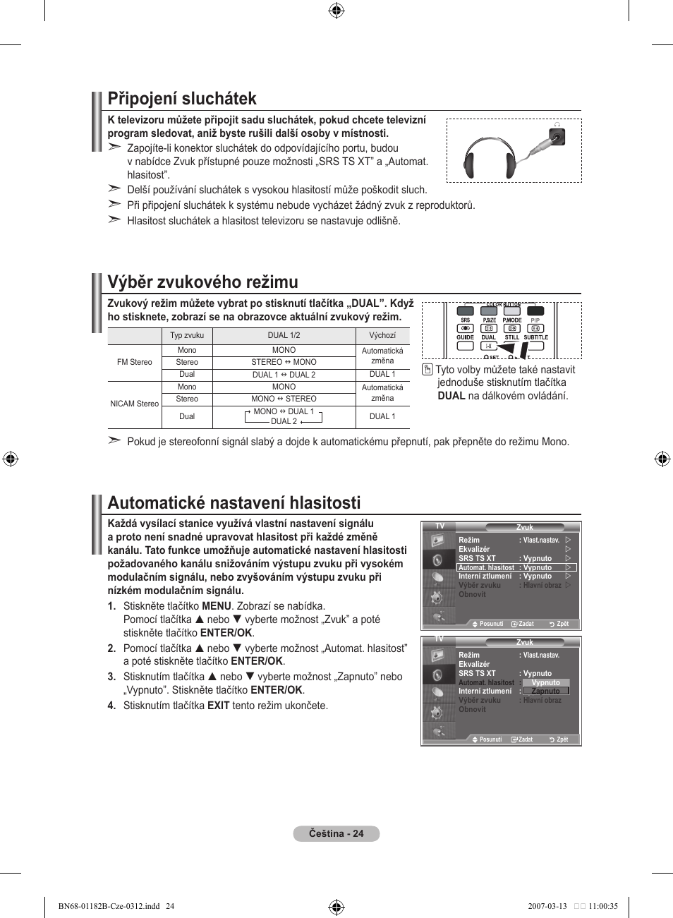 Připojení sluchátek, Výběr zvukového režimu, Automatické nastavení hlasitosti | Samsung LE37S86BD User Manual | Page 374 / 524