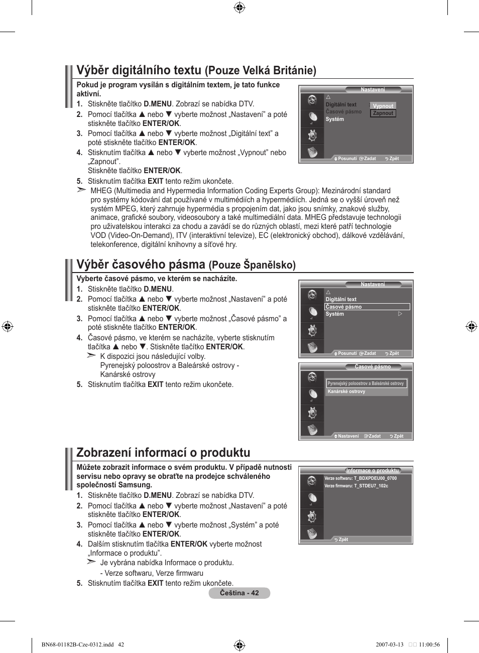 Výběr digitálního textu, Výběr časového pásma, Zobrazení informací o produktu | Pouze velká británie), Pouze španělsko) | Samsung LE37S86BD User Manual | Page 392 / 524