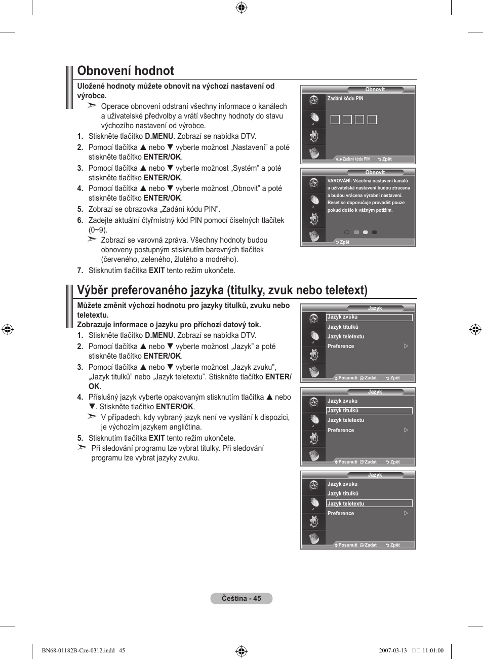 Obnovení hodnot | Samsung LE37S86BD User Manual | Page 395 / 524