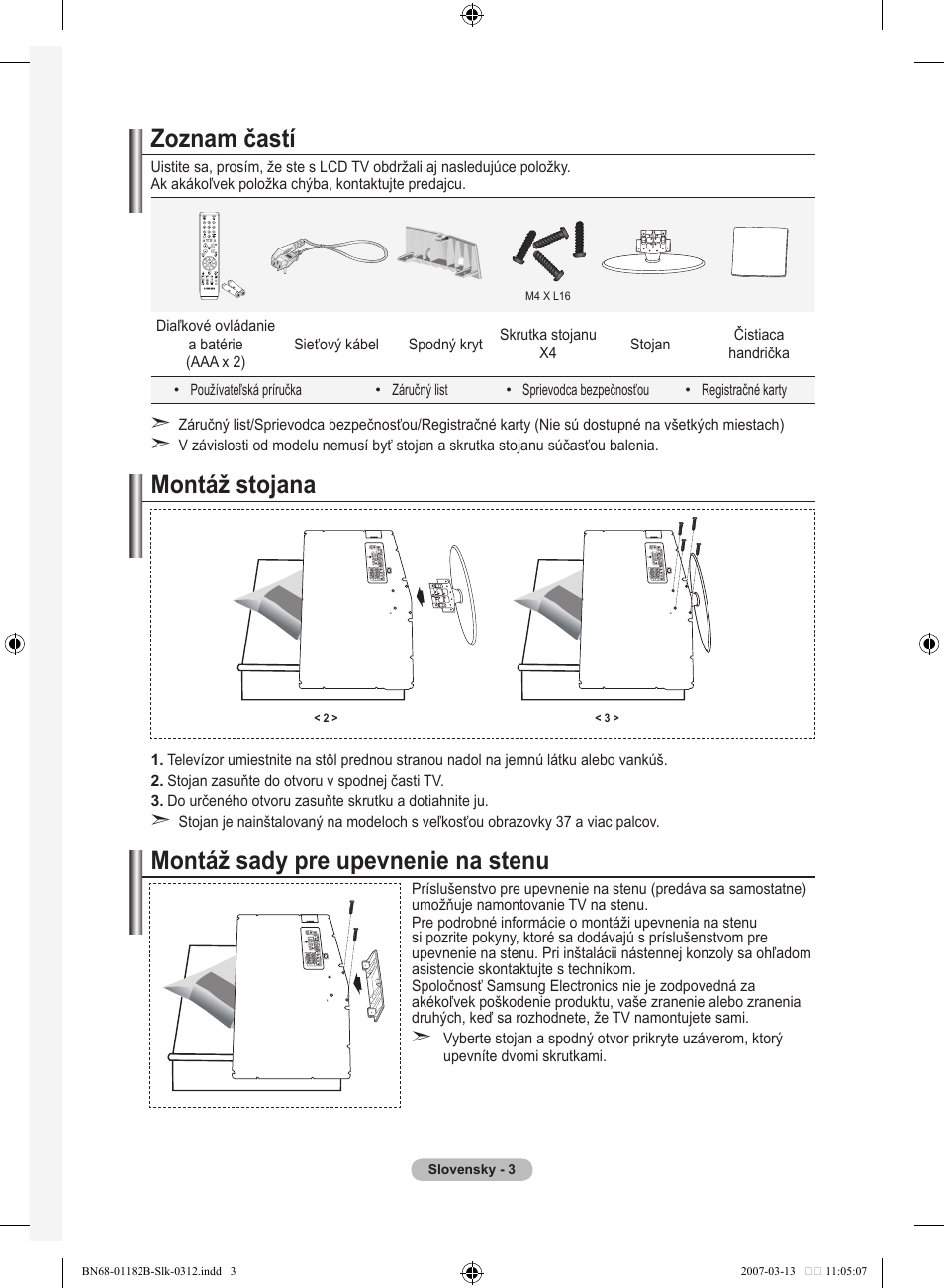 Zoznam častí, Montáž stojana, Montáž sady pre upevnenie na stenu | Samsung LE37S86BD User Manual | Page 411 / 524