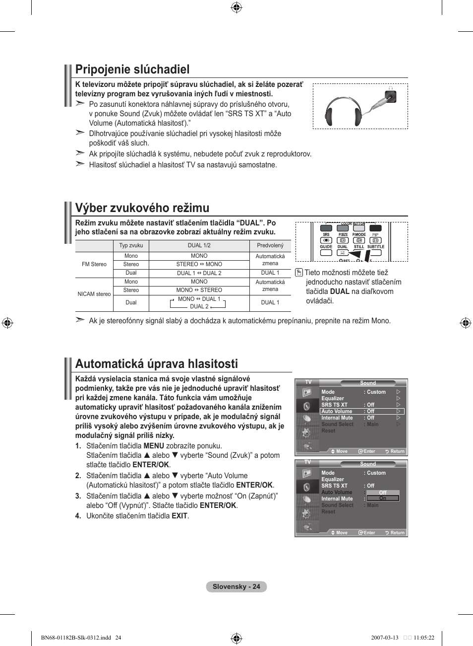 Pripojenie slúchadiel, Výber zvukového režimu, Automatická úprava hlasitosti | Samsung LE37S86BD User Manual | Page 432 / 524