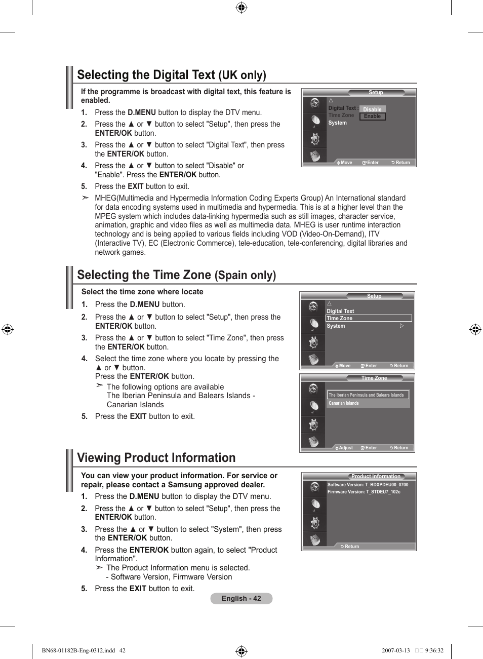 Selecting the digital text (uk only), Selecting the time zone (spain only), Viewing product information | Selecting the digital text, Selecting the time zone, Uk only), Spain only) | Samsung LE37S86BD User Manual | Page 44 / 524