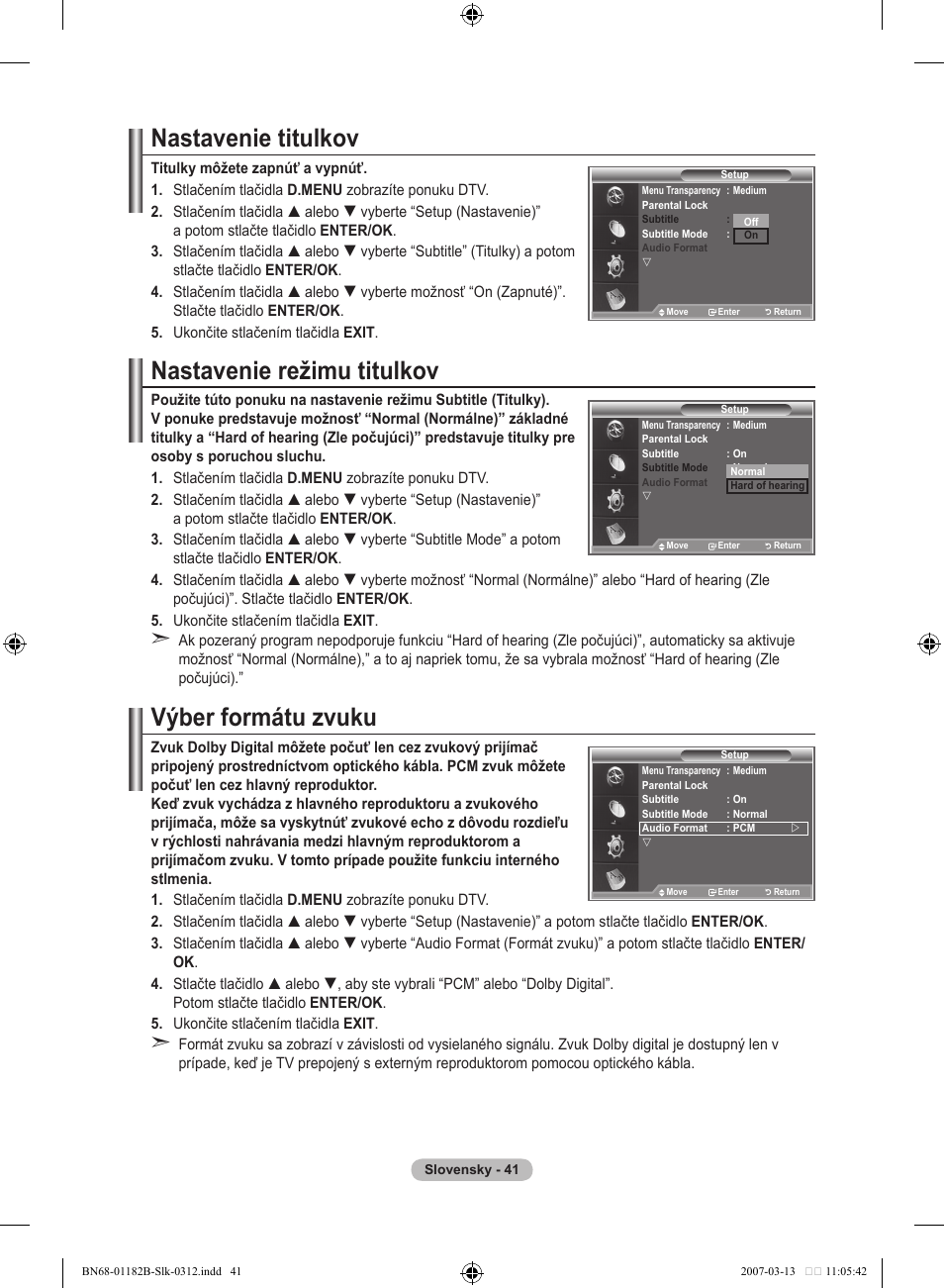 Nastavenie titulkov, Nastavenie režimu titulkov, Výber formátu zvuku | Samsung LE37S86BD User Manual | Page 449 / 524