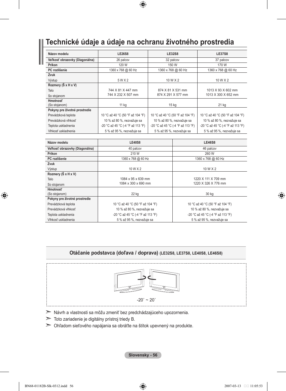 Otáčanie podstavca (doľava / doprava) | Samsung LE37S86BD User Manual | Page 464 / 524