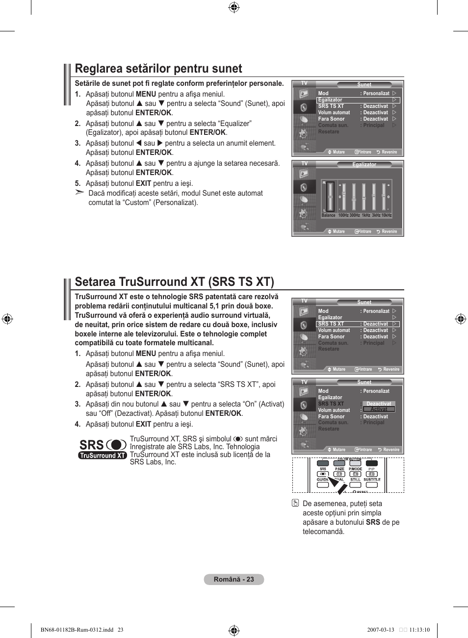 Reglarea setărilor pentru sunet, Setarea trusurround xt (srs ts xt) | Samsung LE37S86BD User Manual | Page 489 / 524