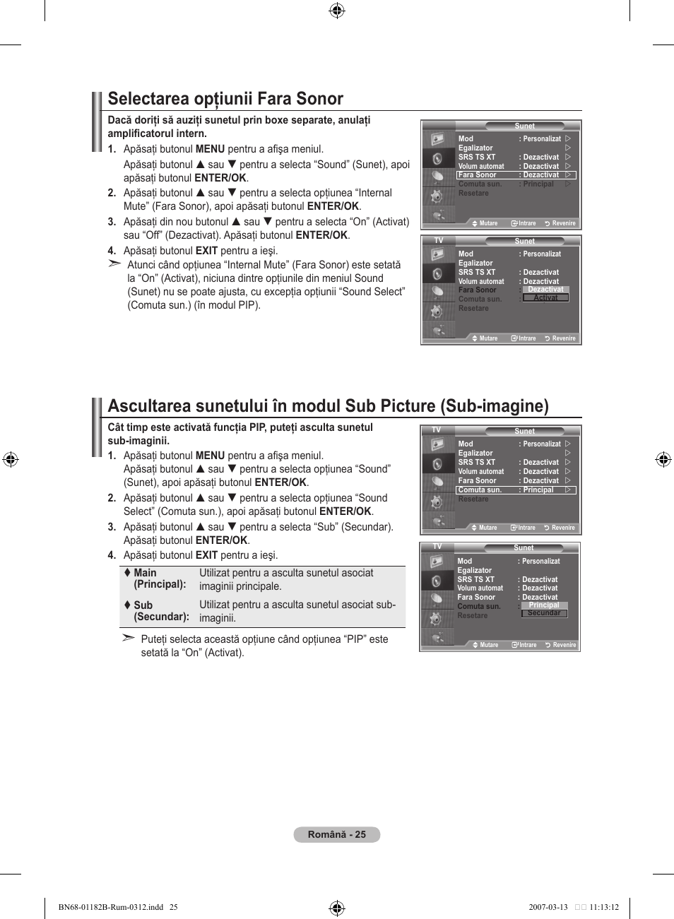 Selectarea opţiunii fara sonor | Samsung LE37S86BD User Manual | Page 491 / 524
