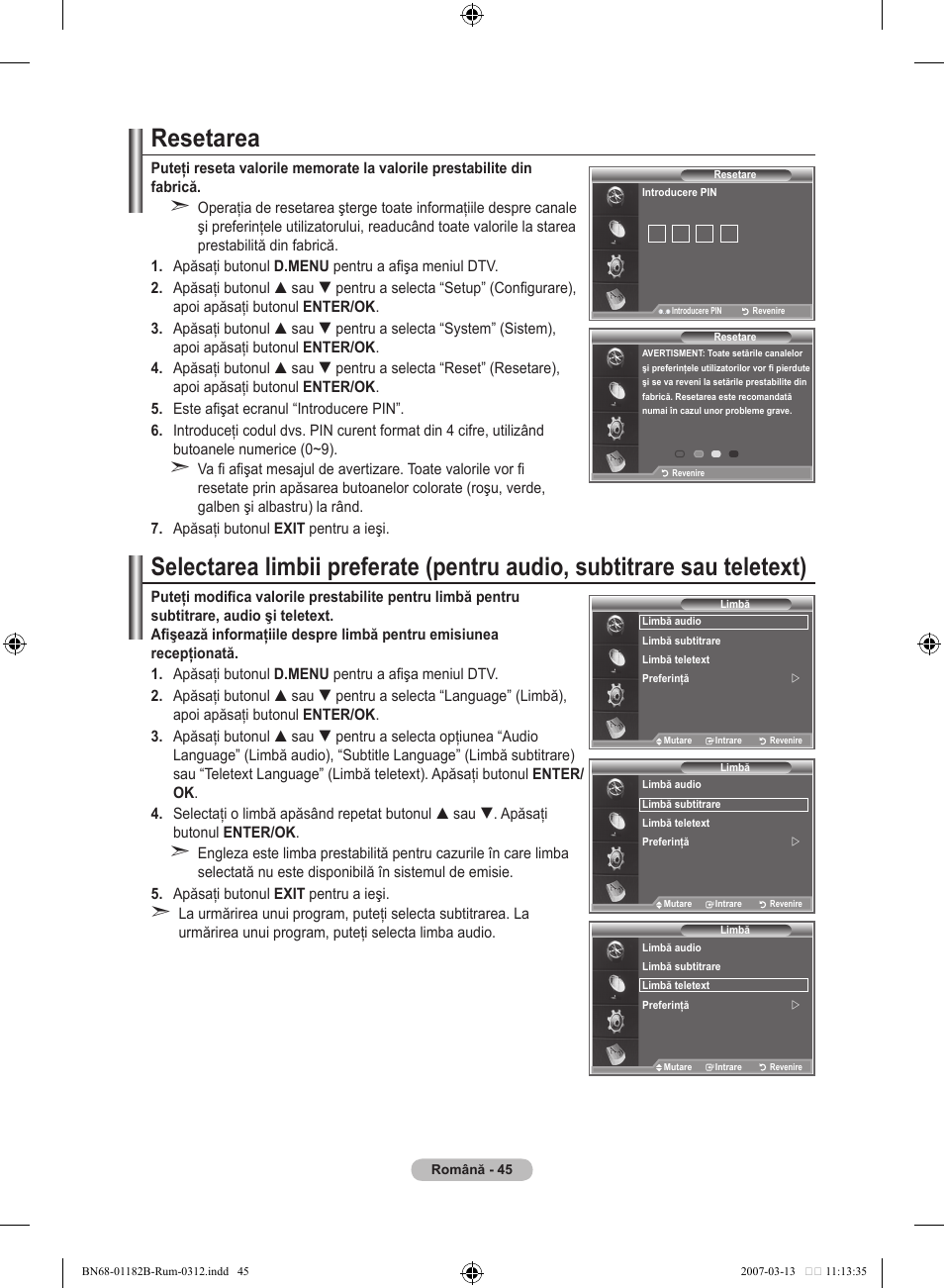 Resetarea | Samsung LE37S86BD User Manual | Page 511 / 524