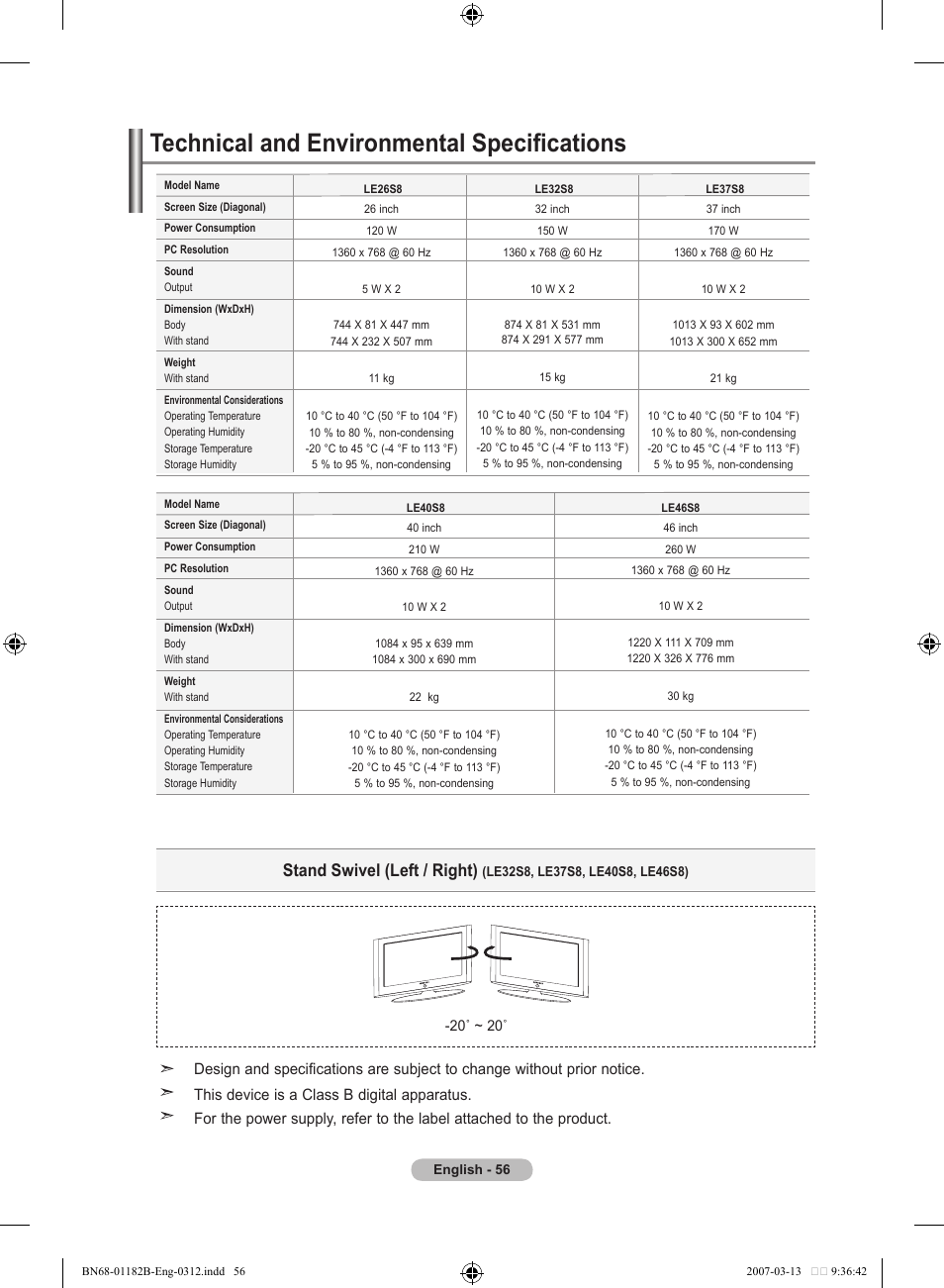 Technical and environmental specifications, Stand swivel (left / right) | Samsung LE37S86BD User Manual | Page 58 / 524