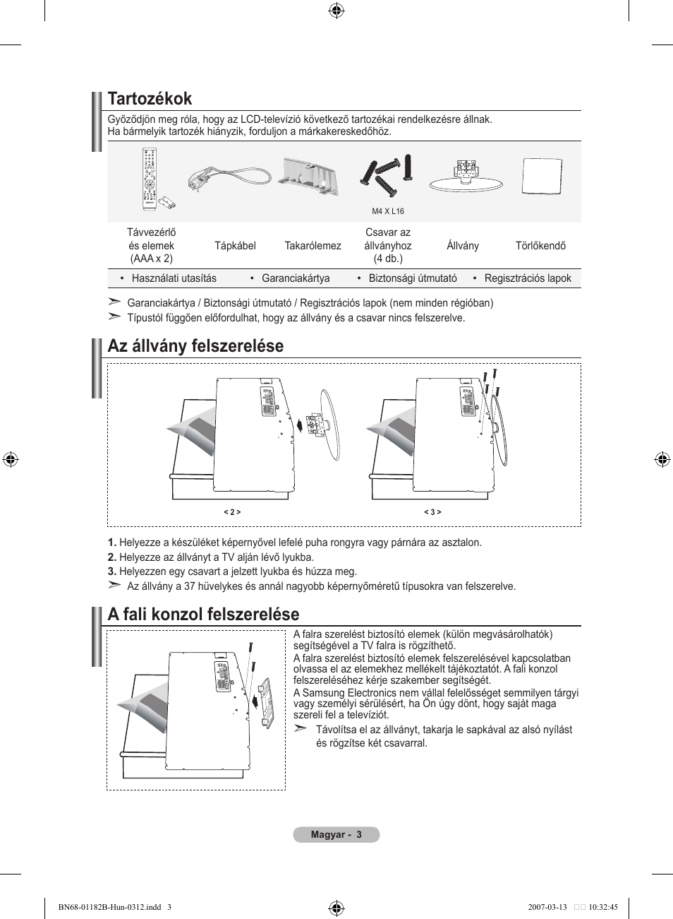 Tartozékok, Az állvány felszerelése, A fali konzol felszerelése | Samsung LE37S86BD User Manual | Page 63 / 524