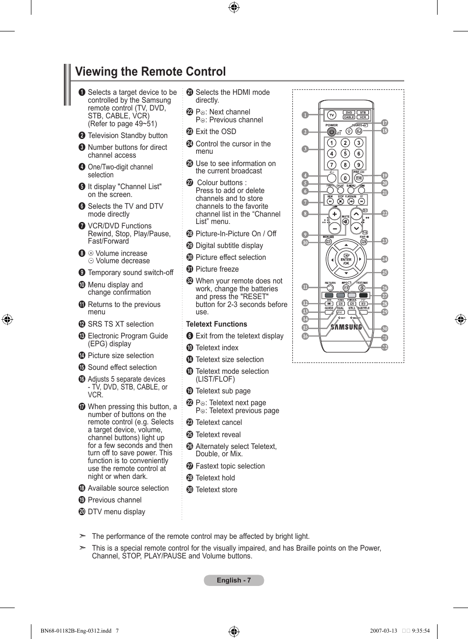 Viewing the remote control | Samsung LE37S86BD User Manual | Page 9 / 524