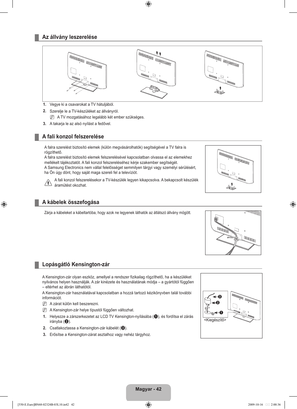 Az állvány leszerelése, A fali konzol felszerelése, A kábelek összefogása | Lopásgátló kensington-zár | Samsung LE37B551A6W User Manual | Page 106 / 502