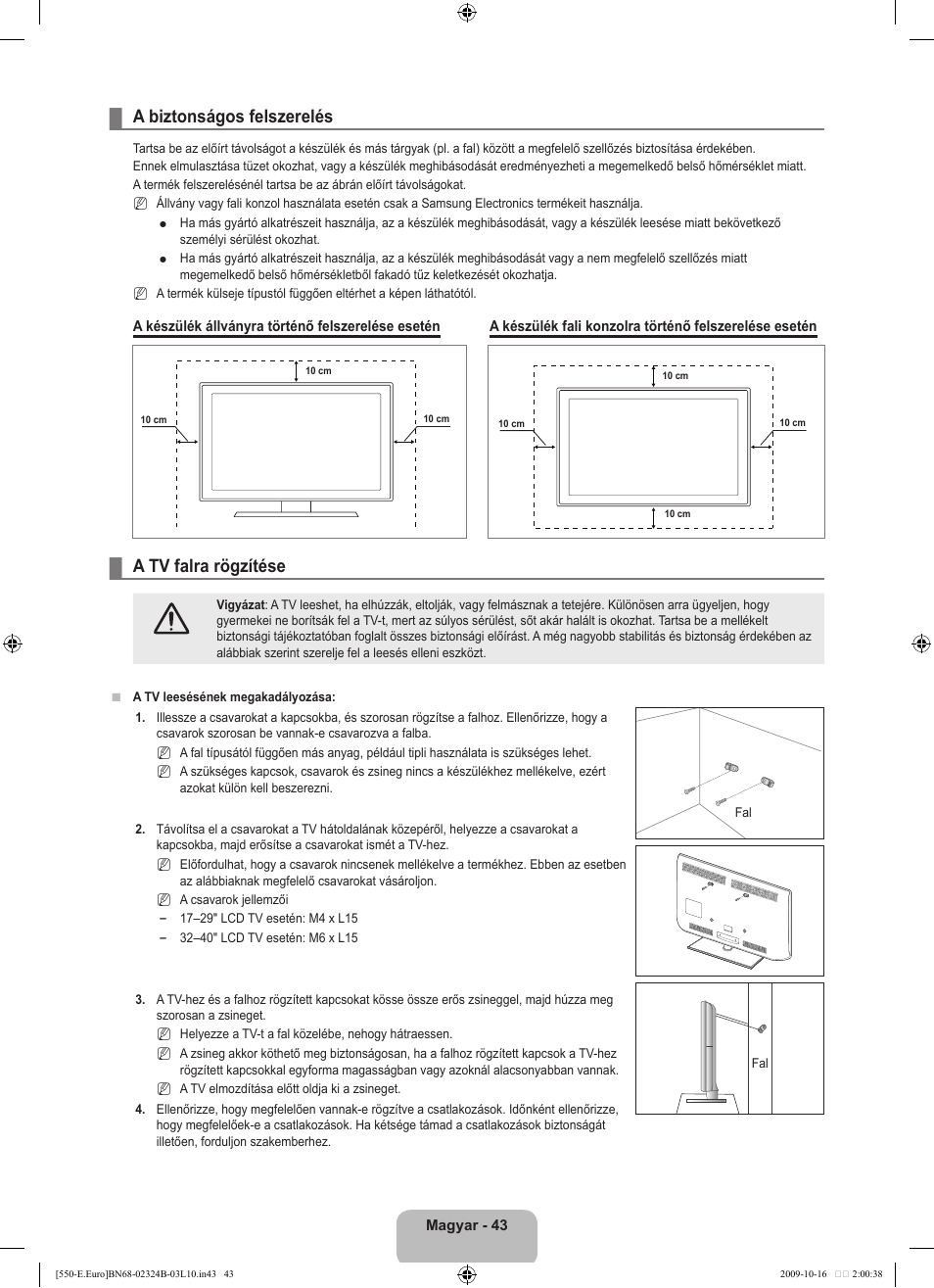 A biztonságos felszerelés, A tv falra rögzítése | Samsung LE37B551A6W User Manual | Page 107 / 502