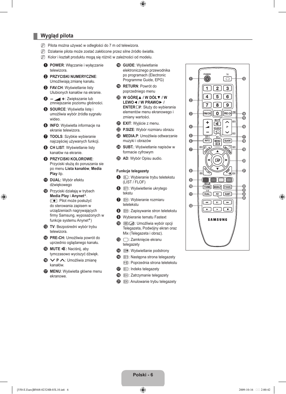 Wygląd pilota | Samsung LE37B551A6W User Manual | Page 118 / 502