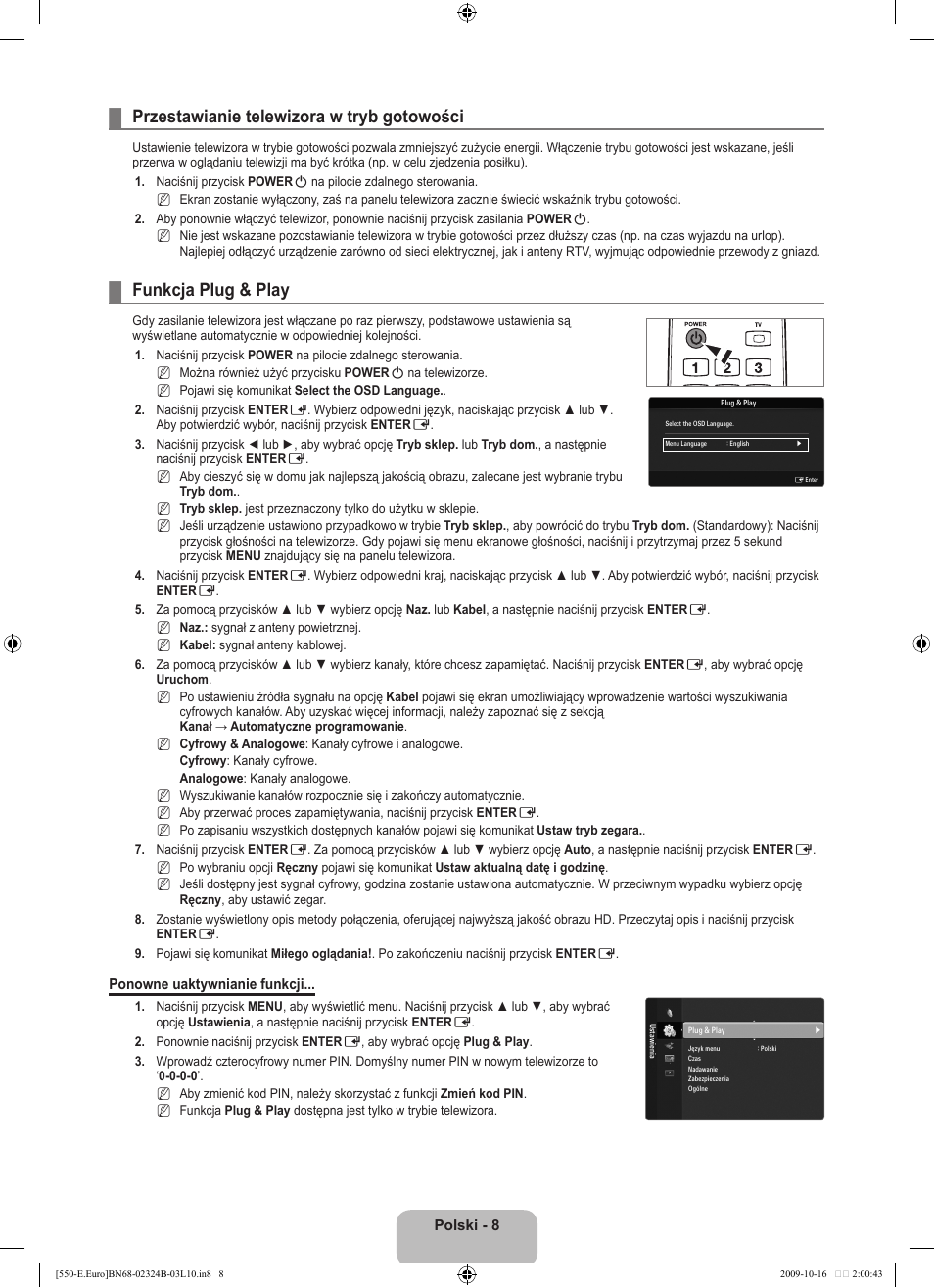 Przestawianie telewizora w tryb gotowości, Funkcja plug & play | Samsung LE37B551A6W User Manual | Page 120 / 502