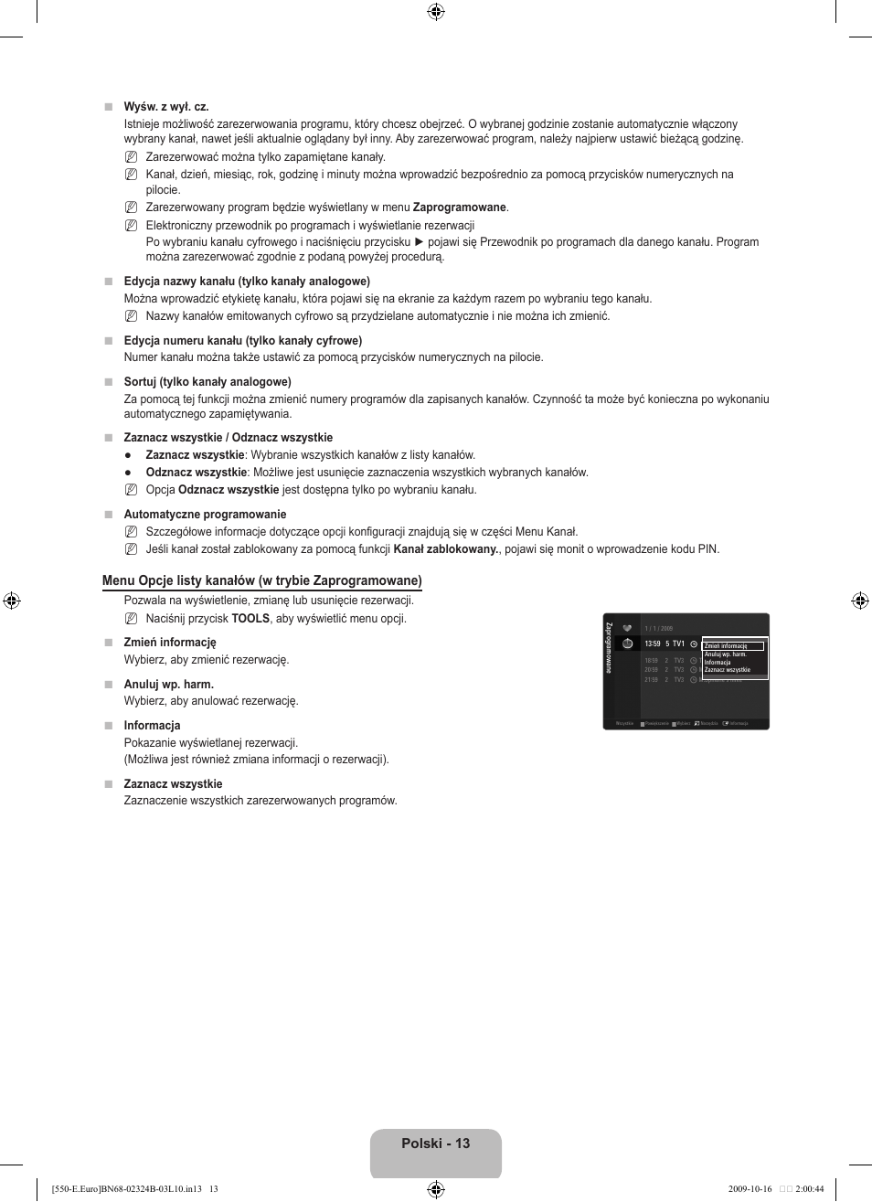 Polski - 13, Menu opcje listy kanałów (w trybie zaprogramowane) | Samsung LE37B551A6W User Manual | Page 125 / 502