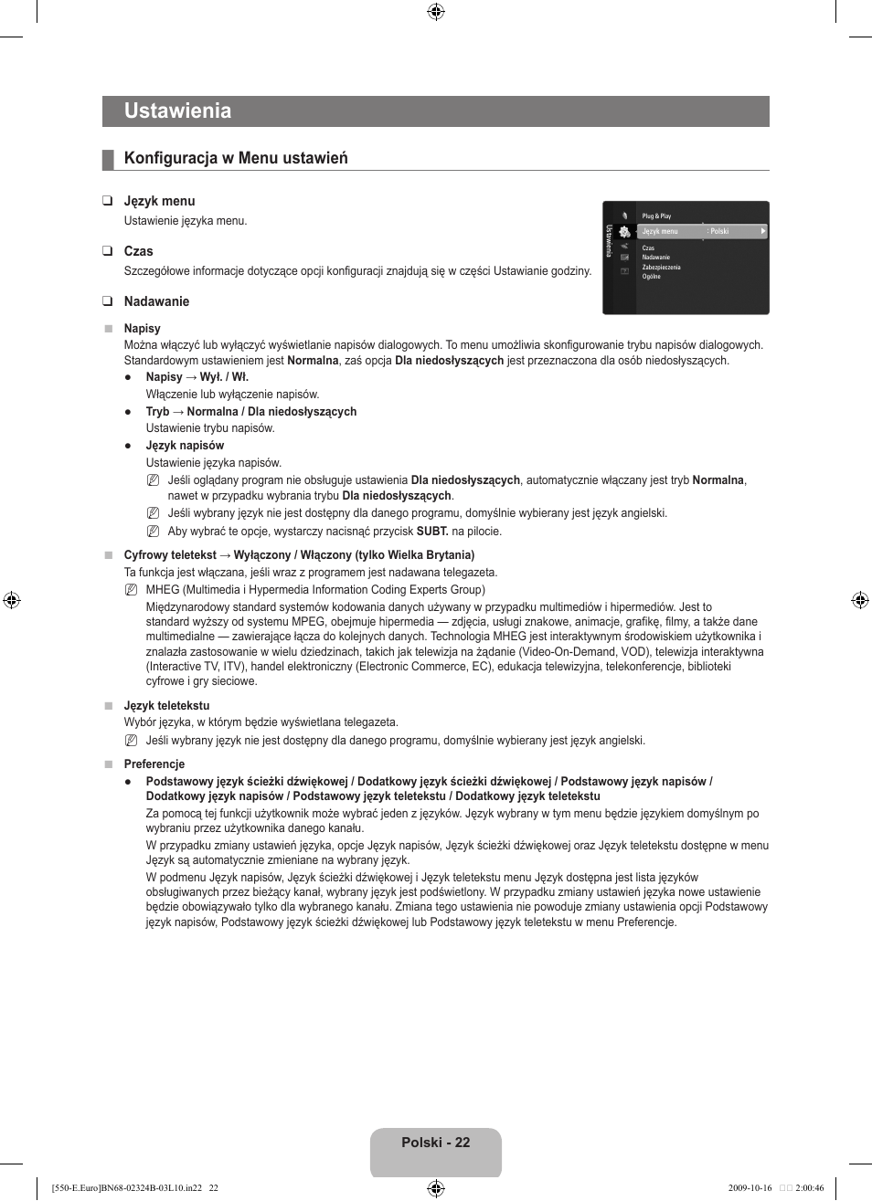 Ustawienia, Konfiguracja w menu ustawień | Samsung LE37B551A6W User Manual | Page 134 / 502