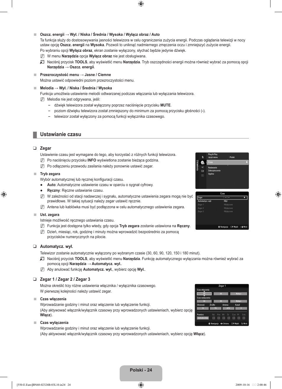 Ustawianie czasu, Polski - 24, Zegar | Automatycz. wył, Zegar 1 / zegar 2 / zegar 3 | Samsung LE37B551A6W User Manual | Page 136 / 502