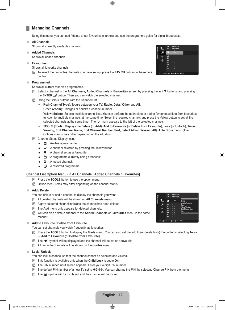 Managing channels, English - 12 | Samsung LE37B551A6W User Manual | Page 14 / 502