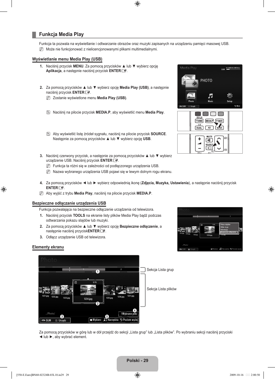 Funkcja media play, Polski - 29, Wyświetlanie menu media play (usb) | Bezpieczne odłączanie urządzenia usb, Elementy ekranu, Photo | Samsung LE37B551A6W User Manual | Page 141 / 502