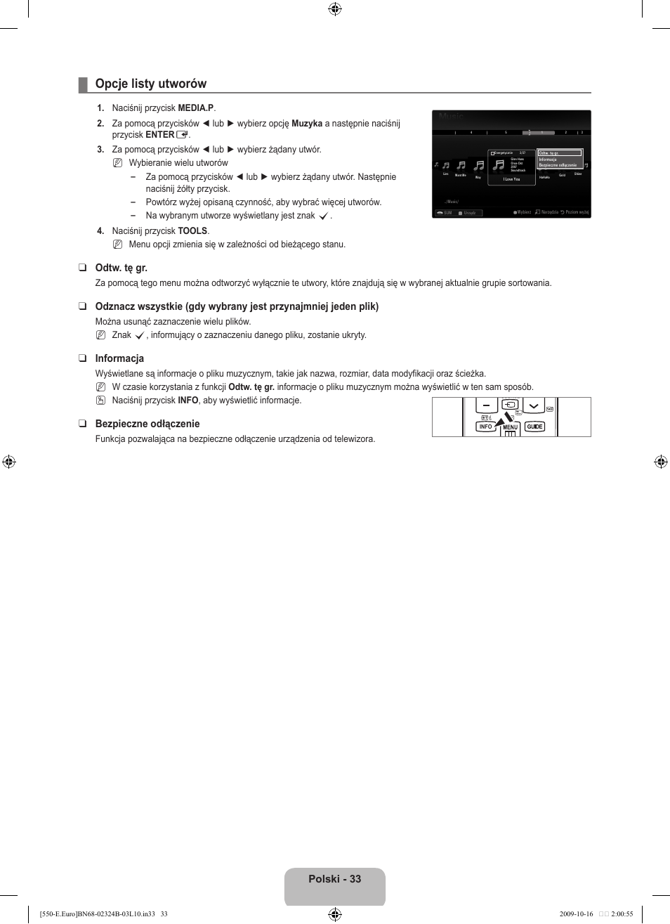 Opcje listy utworów, Polski - 33, Odtw. tę gr | Informacja, Bezpieczne odłączenie | Samsung LE37B551A6W User Manual | Page 145 / 502
