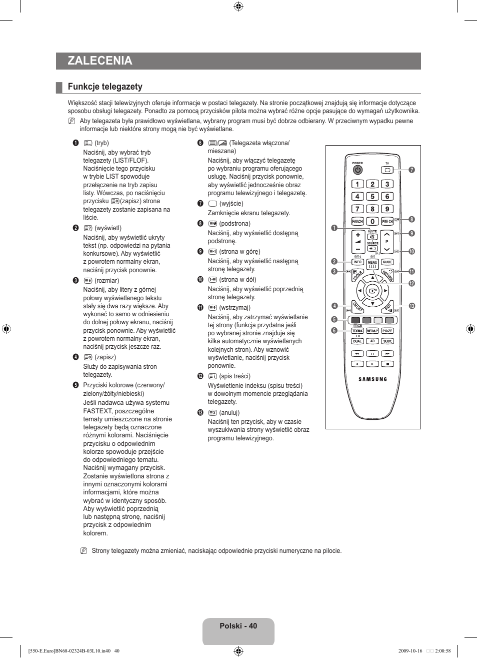 Zalecenia, Funkcje telegazety | Samsung LE37B551A6W User Manual | Page 152 / 502
