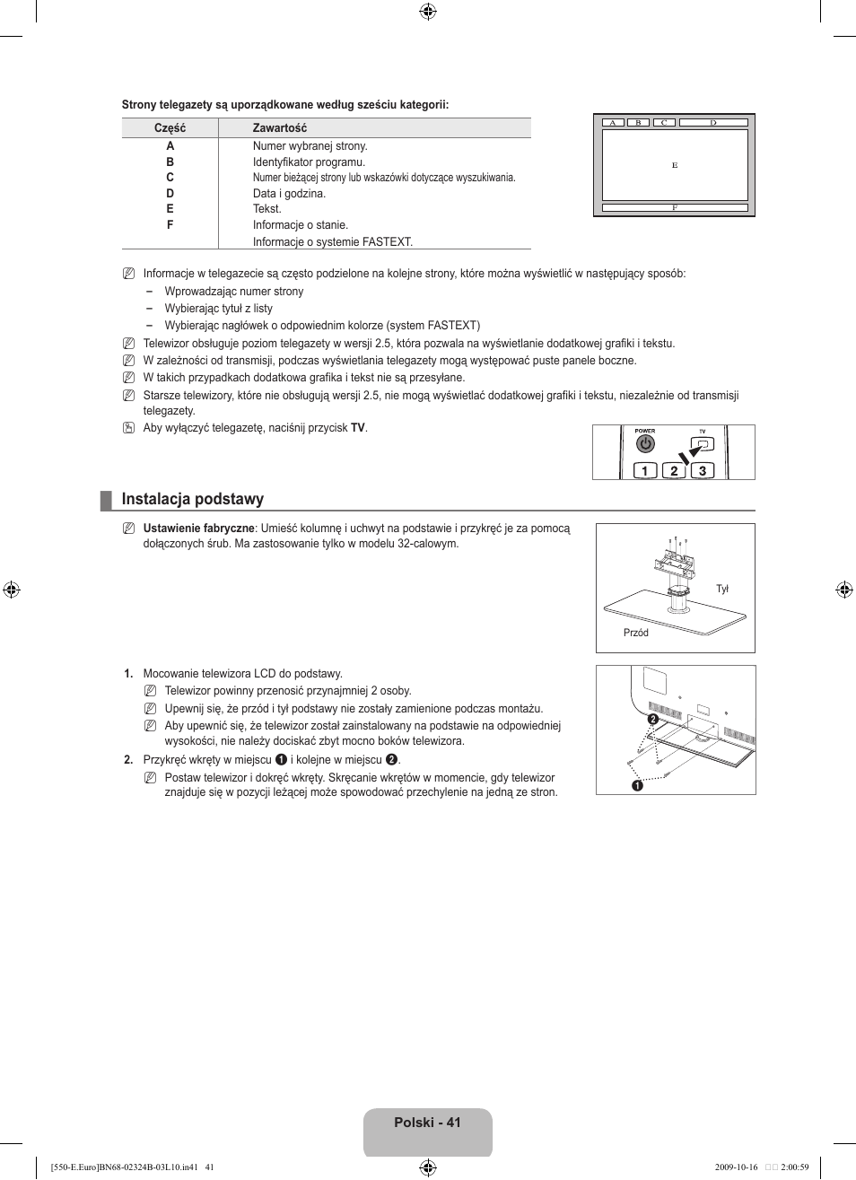 Instalacja podstawy | Samsung LE37B551A6W User Manual | Page 153 / 502
