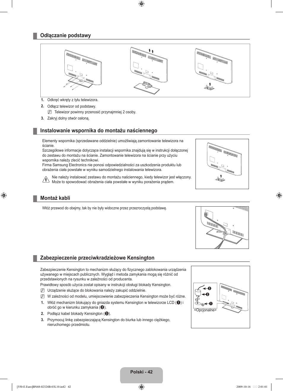 Odłączanie podstawy, Instalowanie wspornika do montażu naściennego, Montaż kabli | Zabezpieczenie przeciwkradzieżowe kensington | Samsung LE37B551A6W User Manual | Page 154 / 502