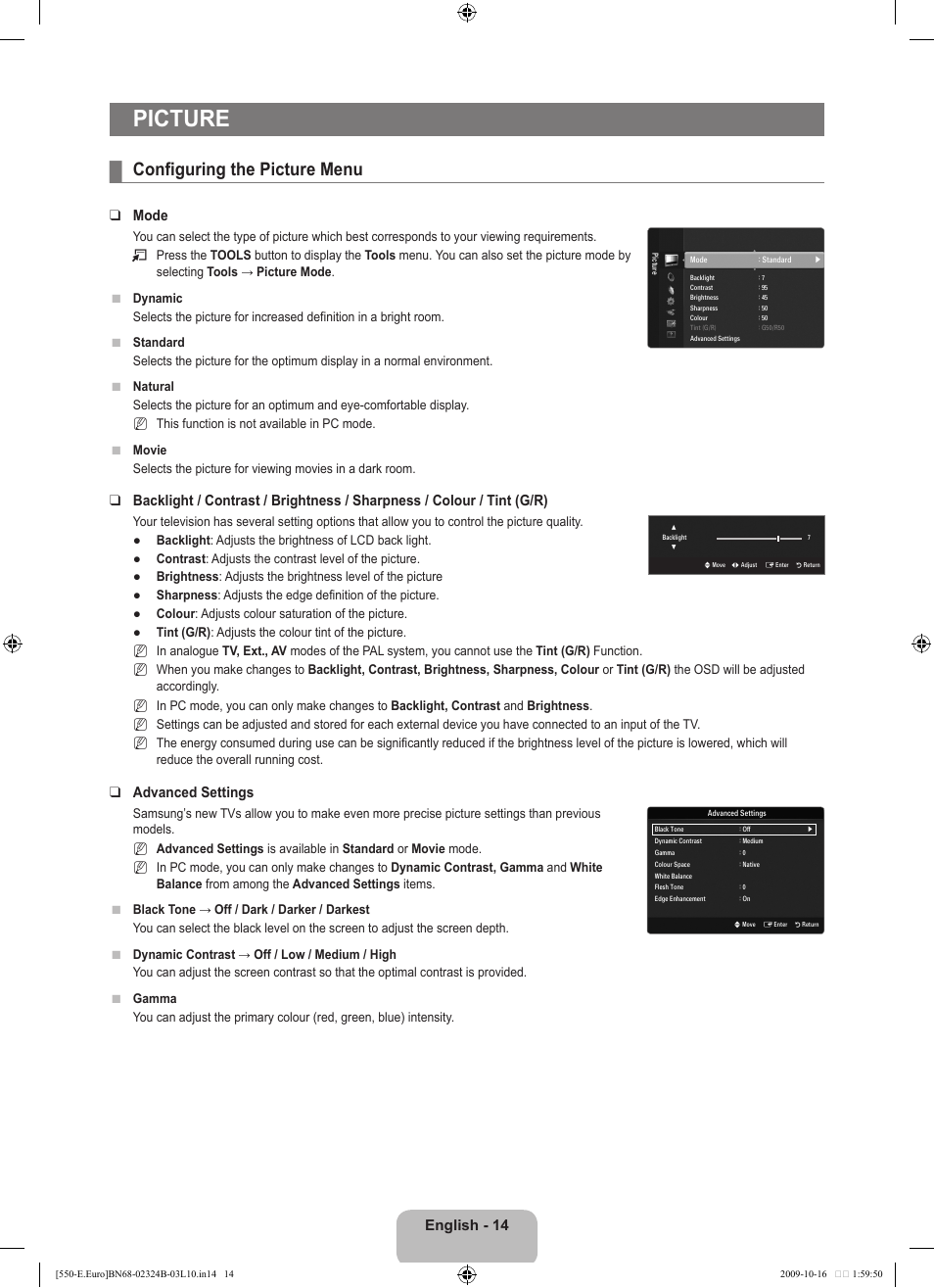 Picture, Configuring the picture menu, English - 14 | Mode, Advanced settings | Samsung LE37B551A6W User Manual | Page 16 / 502