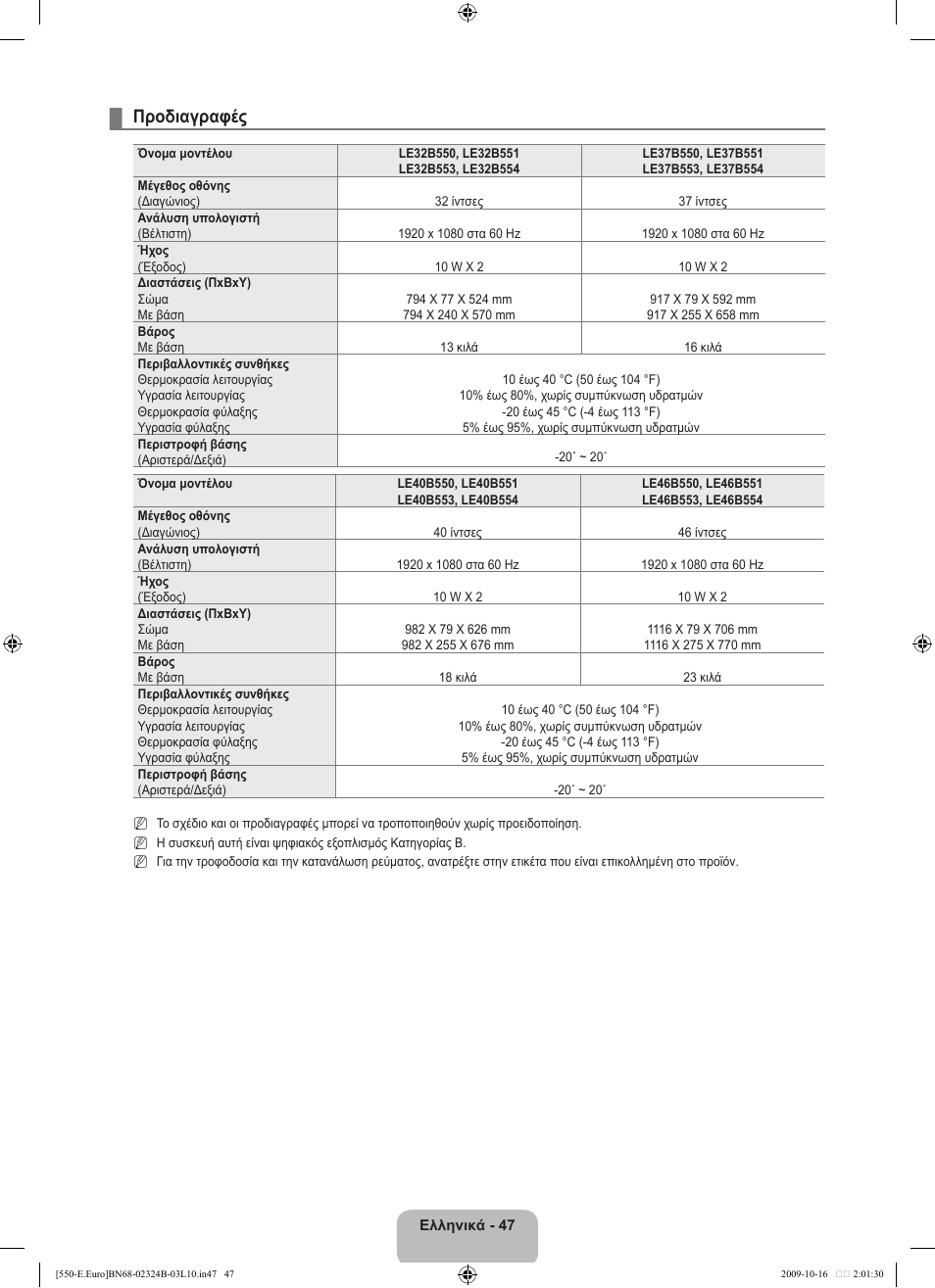 Προδιαγραφές | Samsung LE37B551A6W User Manual | Page 207 / 502
