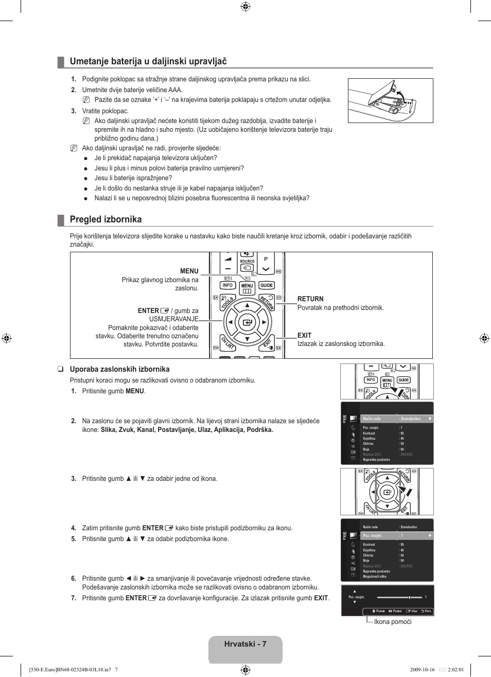 Operation, Umetanje baterija u daljinski upravljač, Pregled izbornika | Hrvatski, Uporaba zaslonskih izbornika | Samsung LE37B551A6W User Manual | Page 263 / 502