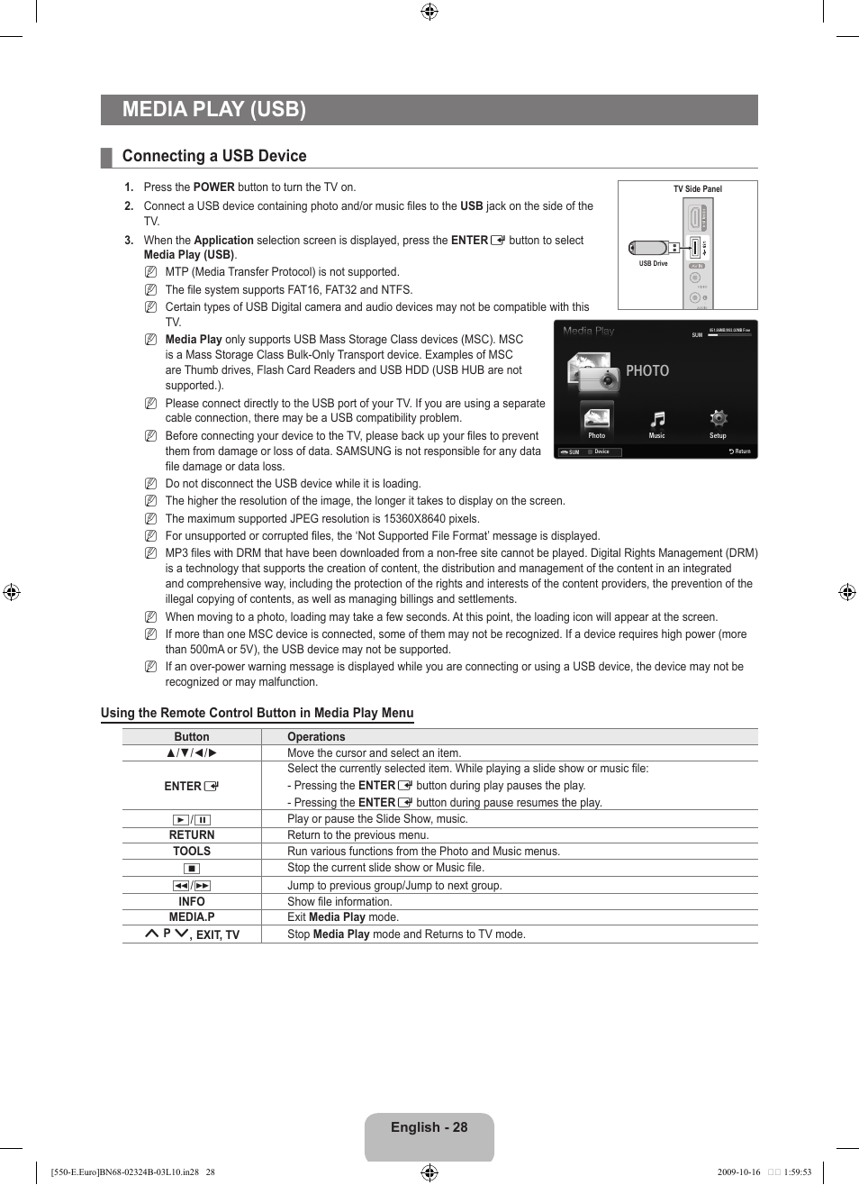 Media play (usb), Connecting a usb device, Photo | Samsung LE37B551A6W User Manual | Page 30 / 502