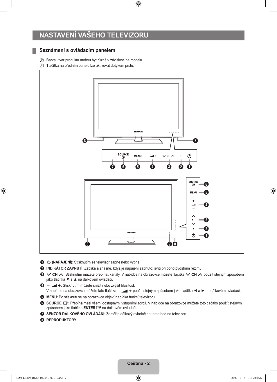 Nastavení vašeho televizoru, Seznámení s ovládacím panelem | Samsung LE37B551A6W User Manual | Page 306 / 502