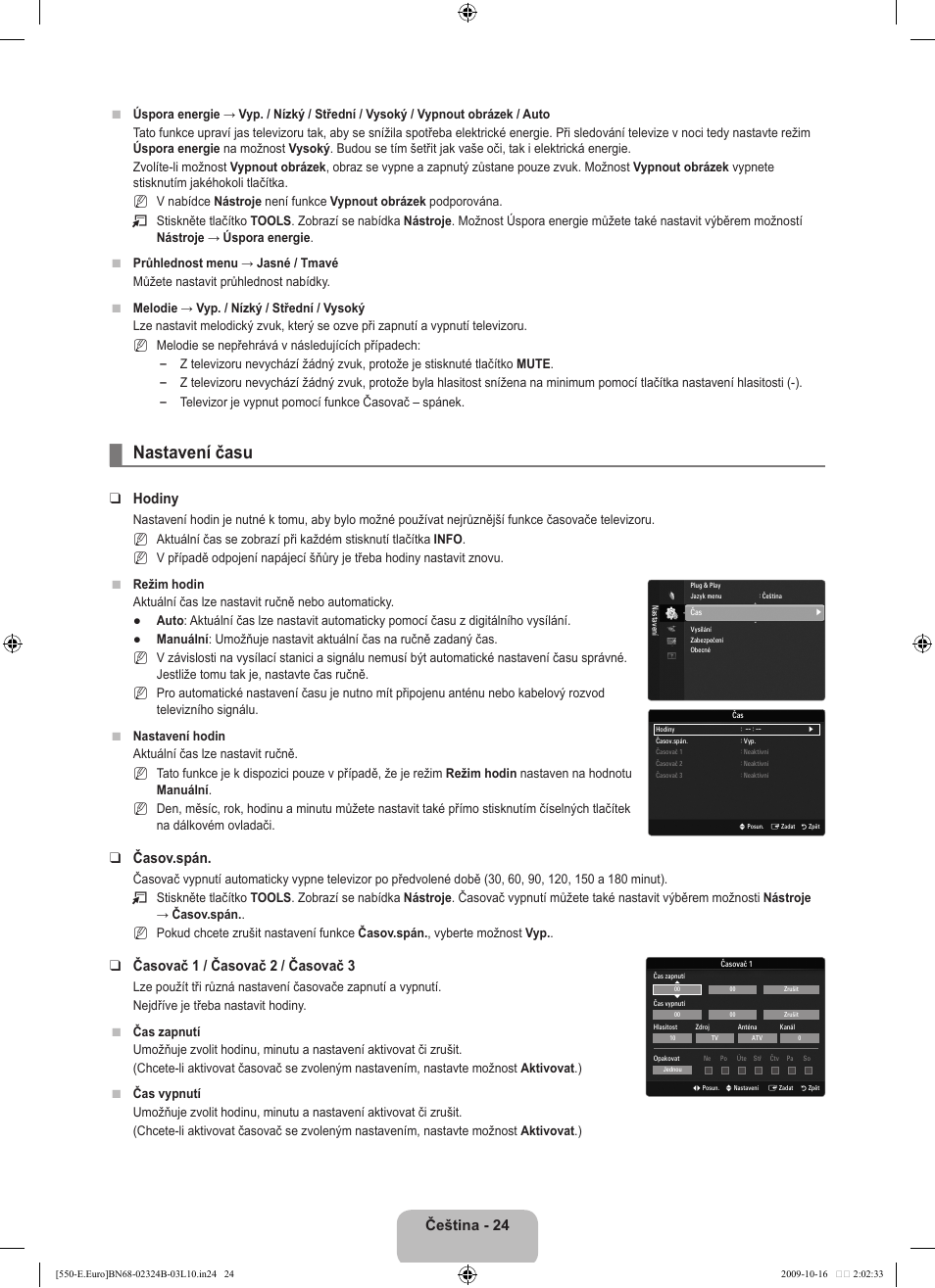 Nastavení času, Čeština - 24, Hodiny | Časov.spán, Časovač 1 / časovač 2 / časovač 3 | Samsung LE37B551A6W User Manual | Page 328 / 502