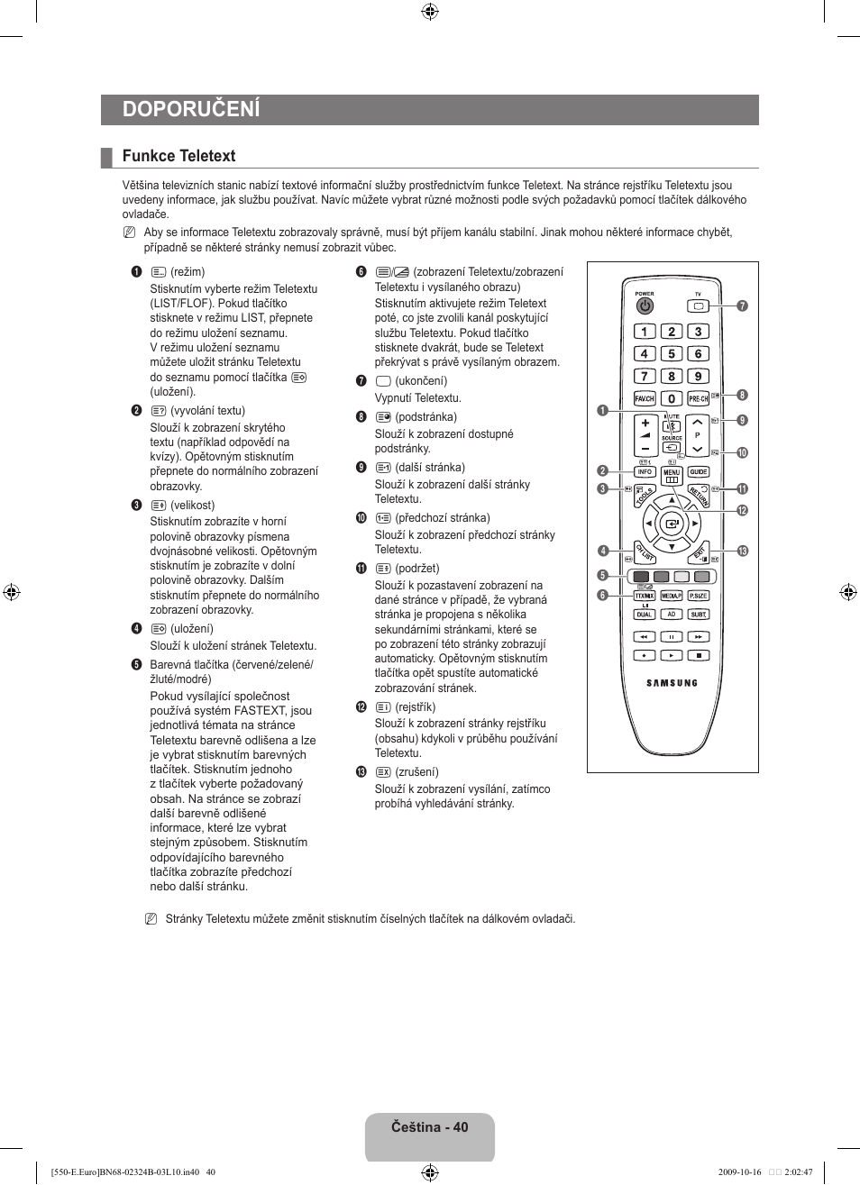 Doporučení, Funkce teletext | Samsung LE37B551A6W User Manual | Page 344 / 502