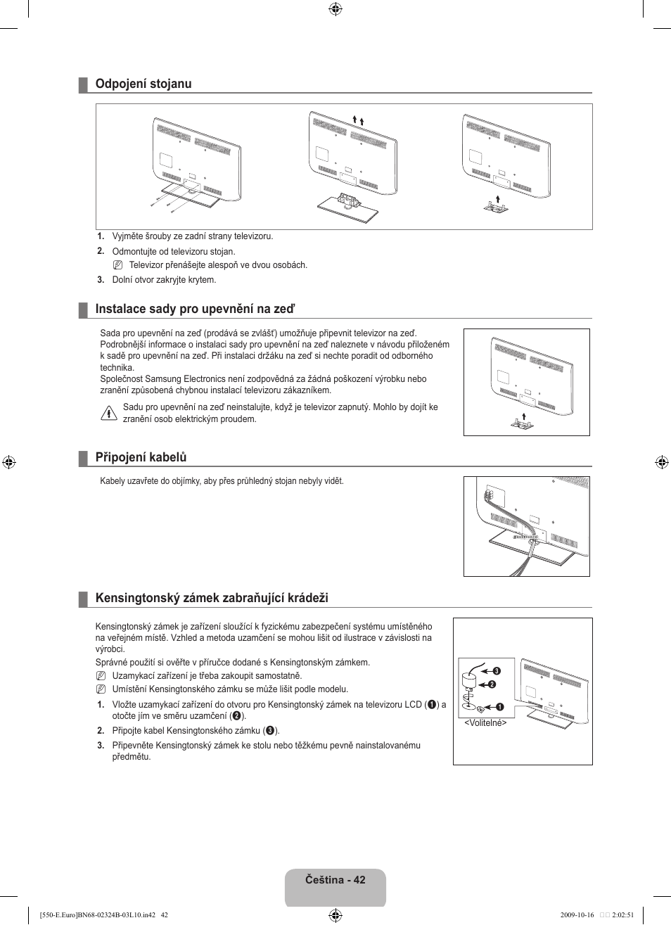 Odpojení stojanu, Instalace sady pro upevnění na zeď, Připojení kabelů | Kensingtonský zámek zabraňující krádeži | Samsung LE37B551A6W User Manual | Page 346 / 502