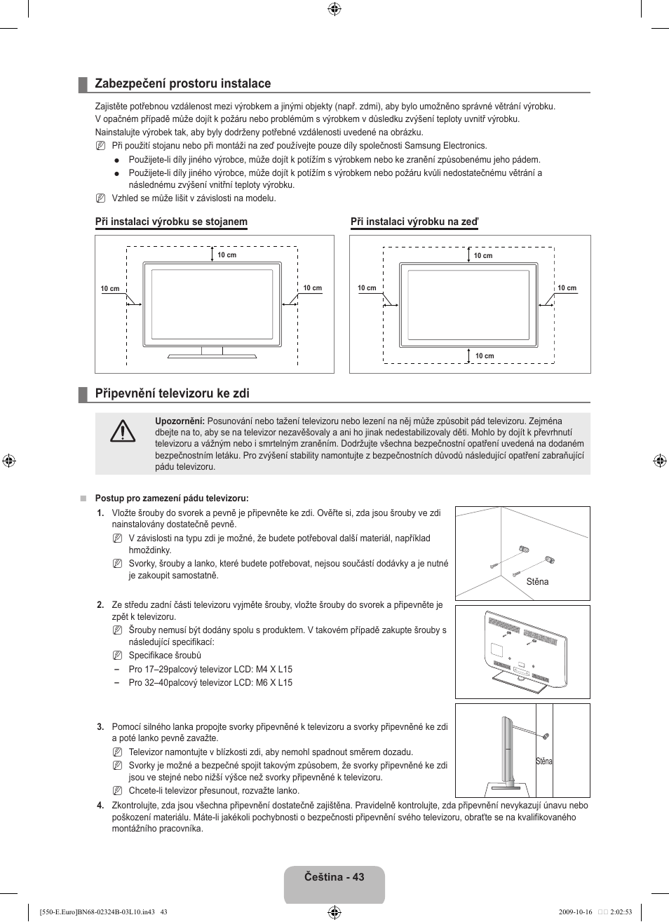 Zabezpečení prostoru instalace, Připevnění televizoru ke zdi | Samsung LE37B551A6W User Manual | Page 347 / 502