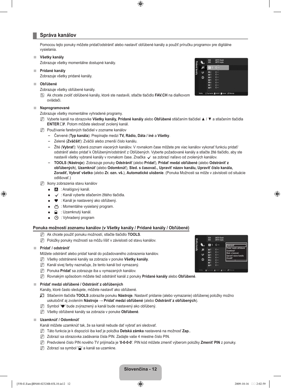 Správa kanálov, Slovenčina - 12 | Samsung LE37B551A6W User Manual | Page 364 / 502