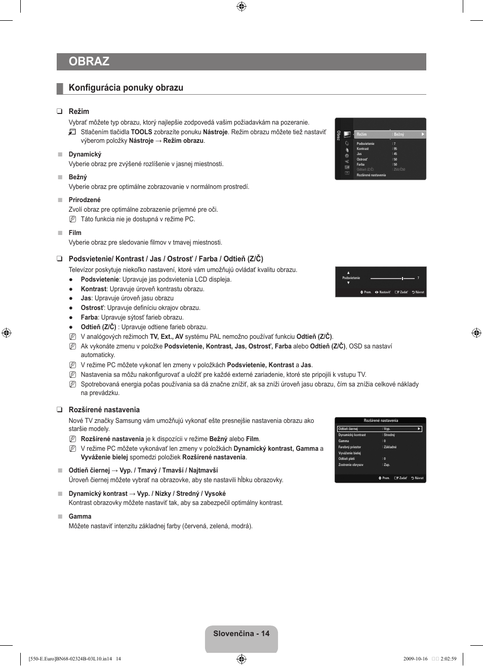Obraz, Konfigurácia ponuky obrazu, Slovenčina - 14 | Režim, Rozšírené nastavenia | Samsung LE37B551A6W User Manual | Page 366 / 502