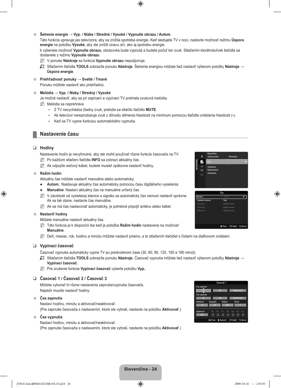 Nastavenie času, Slovenčina - 24, Hodiny | Vypínací časovač, Časovač 1 / časovač 2 / časovač 3 | Samsung LE37B551A6W User Manual | Page 376 / 502